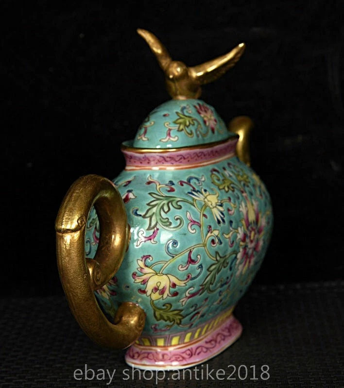 7.8 " Yongzheng Marked China Colour Enamel Porcelain Gilt Dynasty Flower Teapot