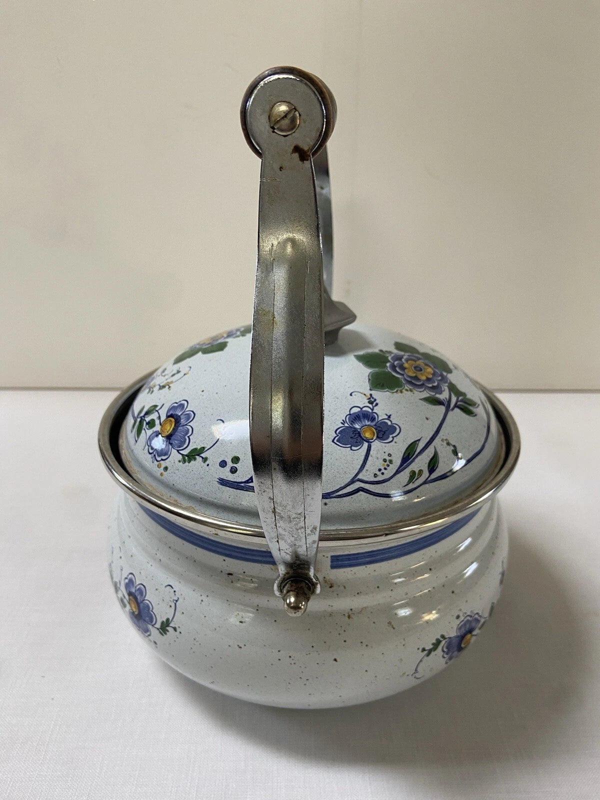 Vtg ASTA Enamel Cookware Tea Pot Kettle Wood Handle Blue Green Floral Speckled | eBay