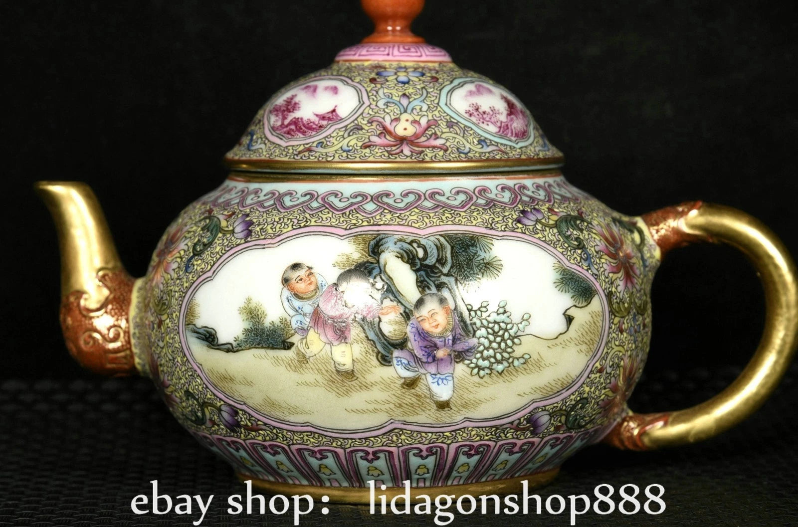 6.8"Qianlong Marked Enamel Porcelain Gilt Flower Human Child Pattern Wine Teapot