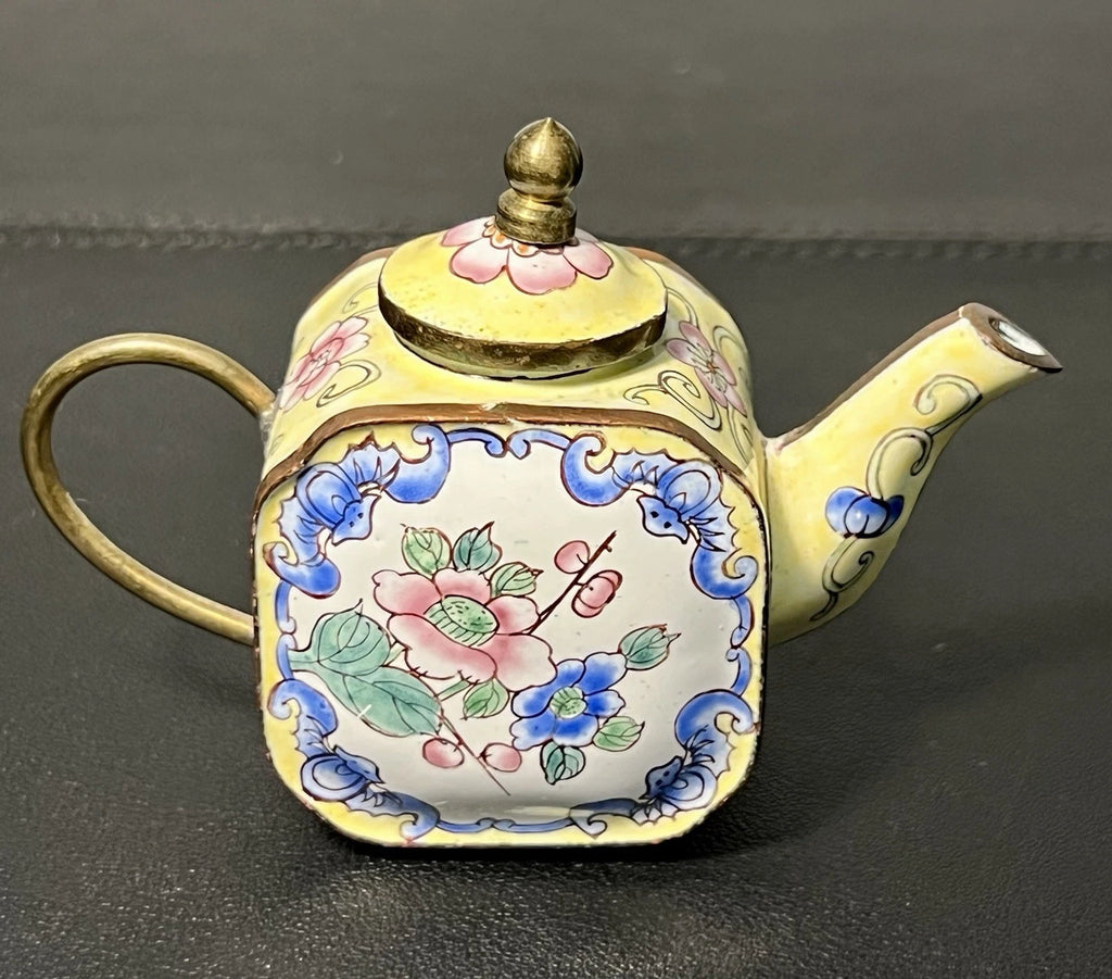 Chinemel 1990s B. Yee Miniature Teapot Copper & Painted Flowers, 3.75x3"