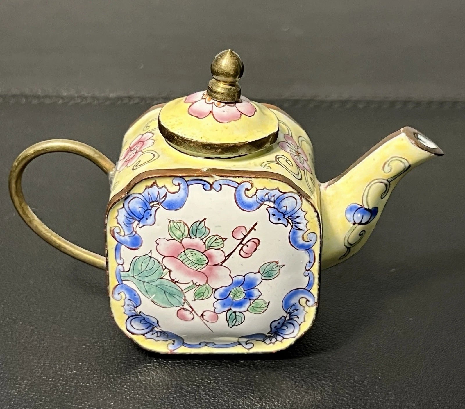 Chinemel 1990s B. Yee Miniature Teapot Copper & Painted Flowers, 3.75x3"