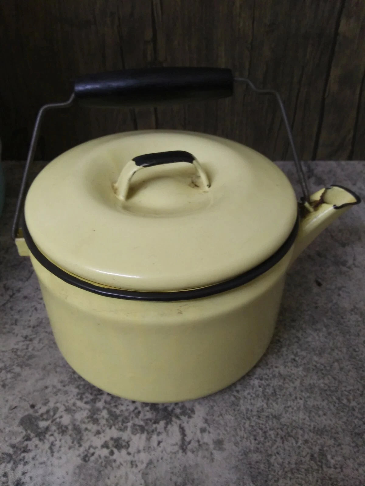 Vintage Yellow Enamel Teapot Metal bail, Wood Handle Farmhouse Decor, Planter