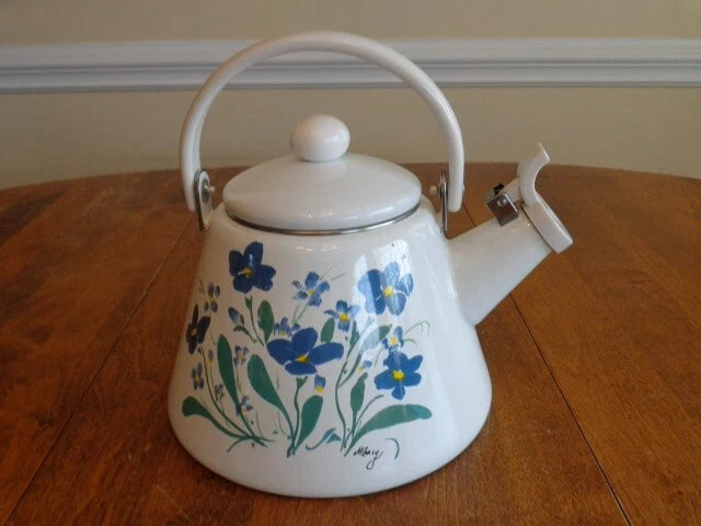 ENAMEL 2 ½ QUART WHISTLING TEA KETTLE FLOWERS SIGNED