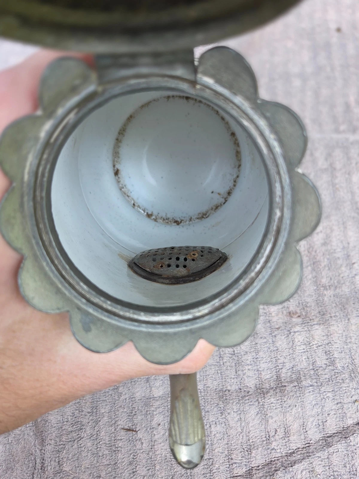 Vintage / Antique Victorian Hand Painted Enamel & Pewter Teapot