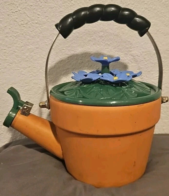 Ancona Enamel Tea Kettle Blue Flowers A Potted Plant Vintage SEE PICTURES & READ | eBay