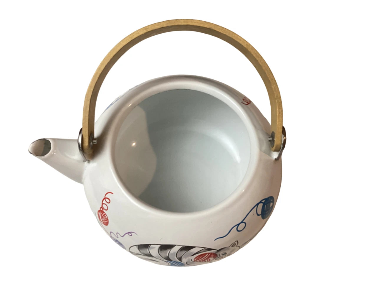 VTG  Suprelle Kettle Cat w/Yarn 2qt Teapot White Enamel Over Metal + 4/10oz mugs