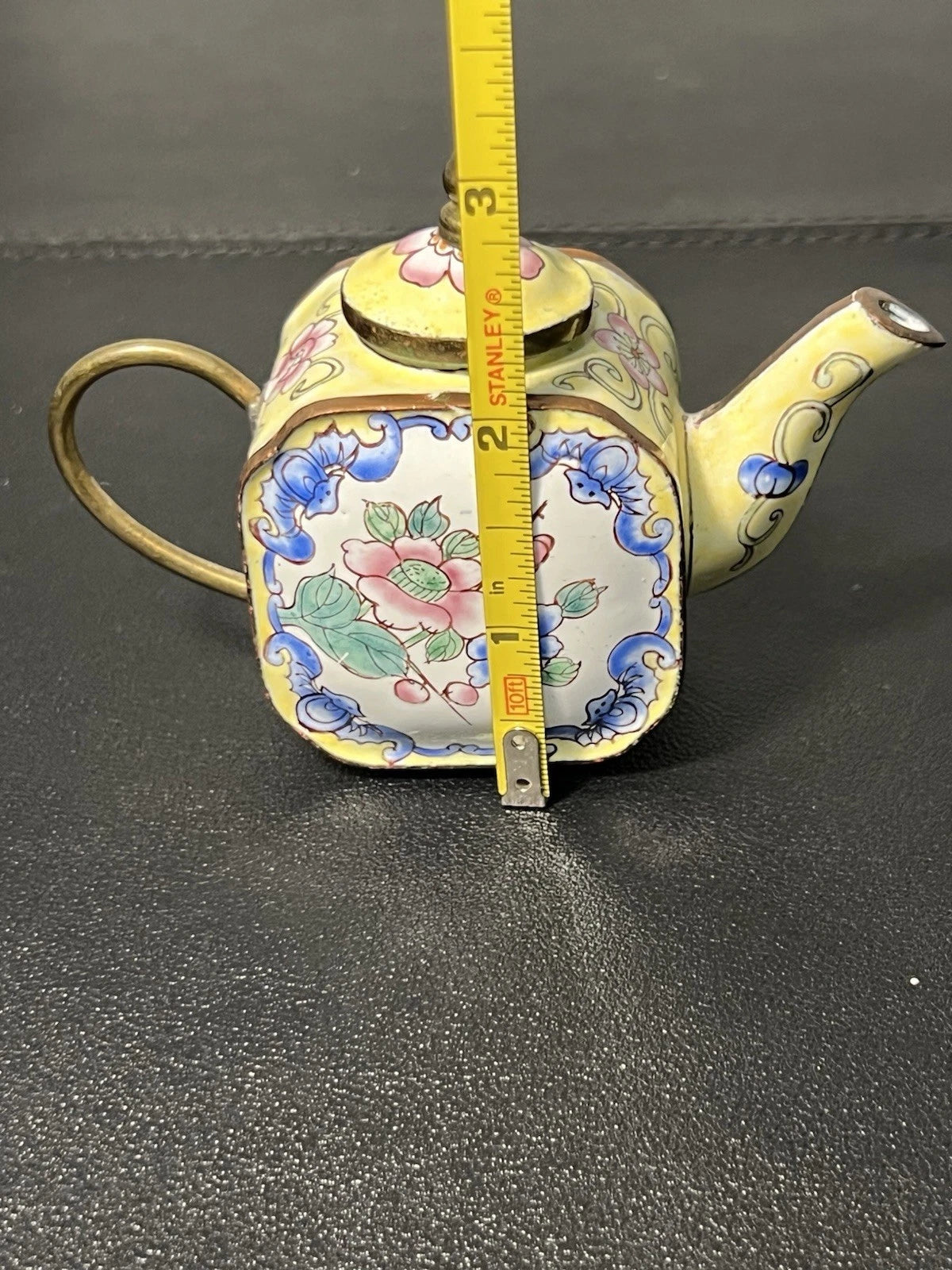 Chinemel 1990s B. Yee Miniature Teapot Copper & Painted Flowers, 3.75x3"