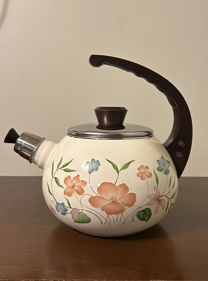 Vintage Enamelware Teapot Stovetop Whistling Kettle 2 Qt White Floral Tea Pot
