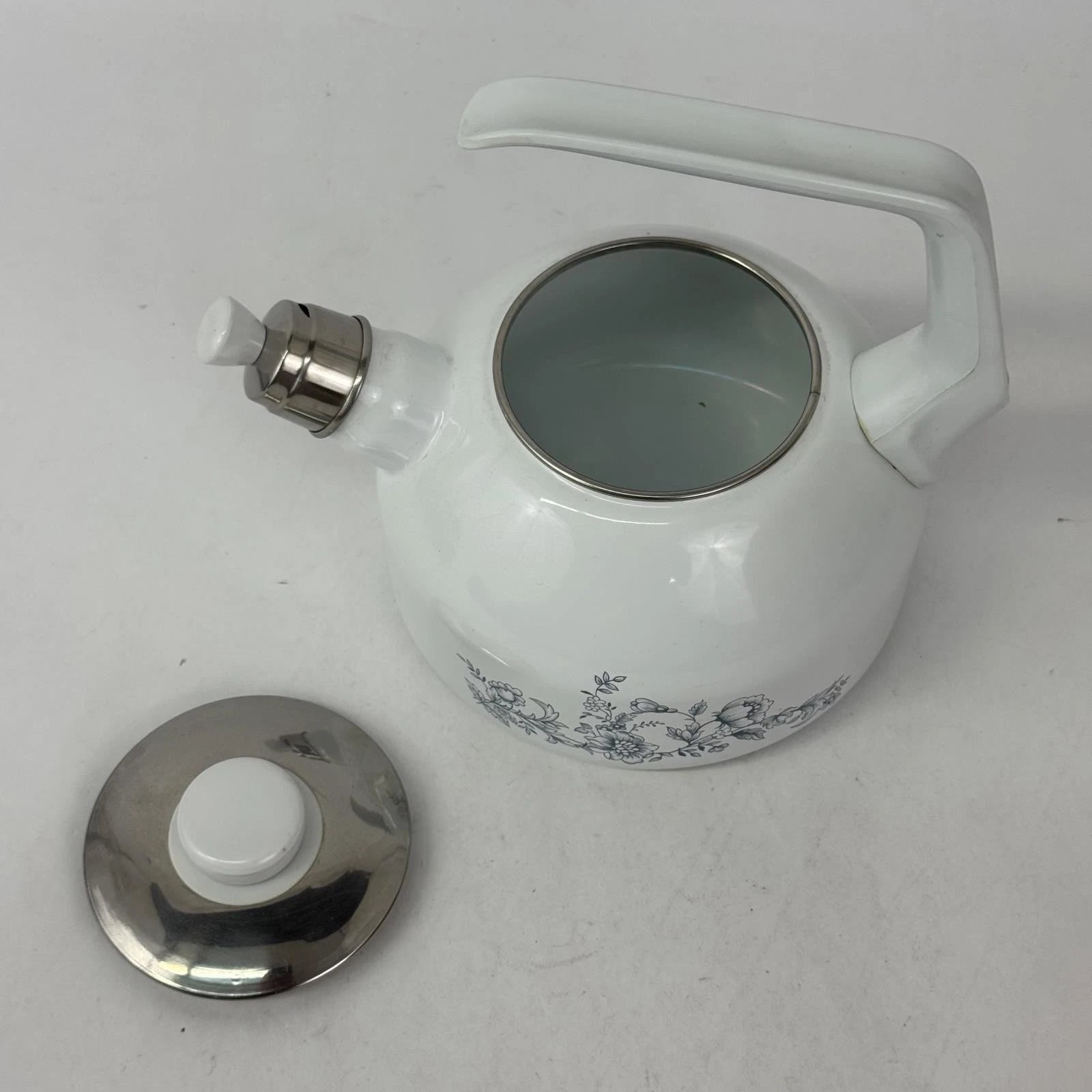 Vintage White Enamelware Whistling Tea Kettle With Blue Floral Pattern | eBay