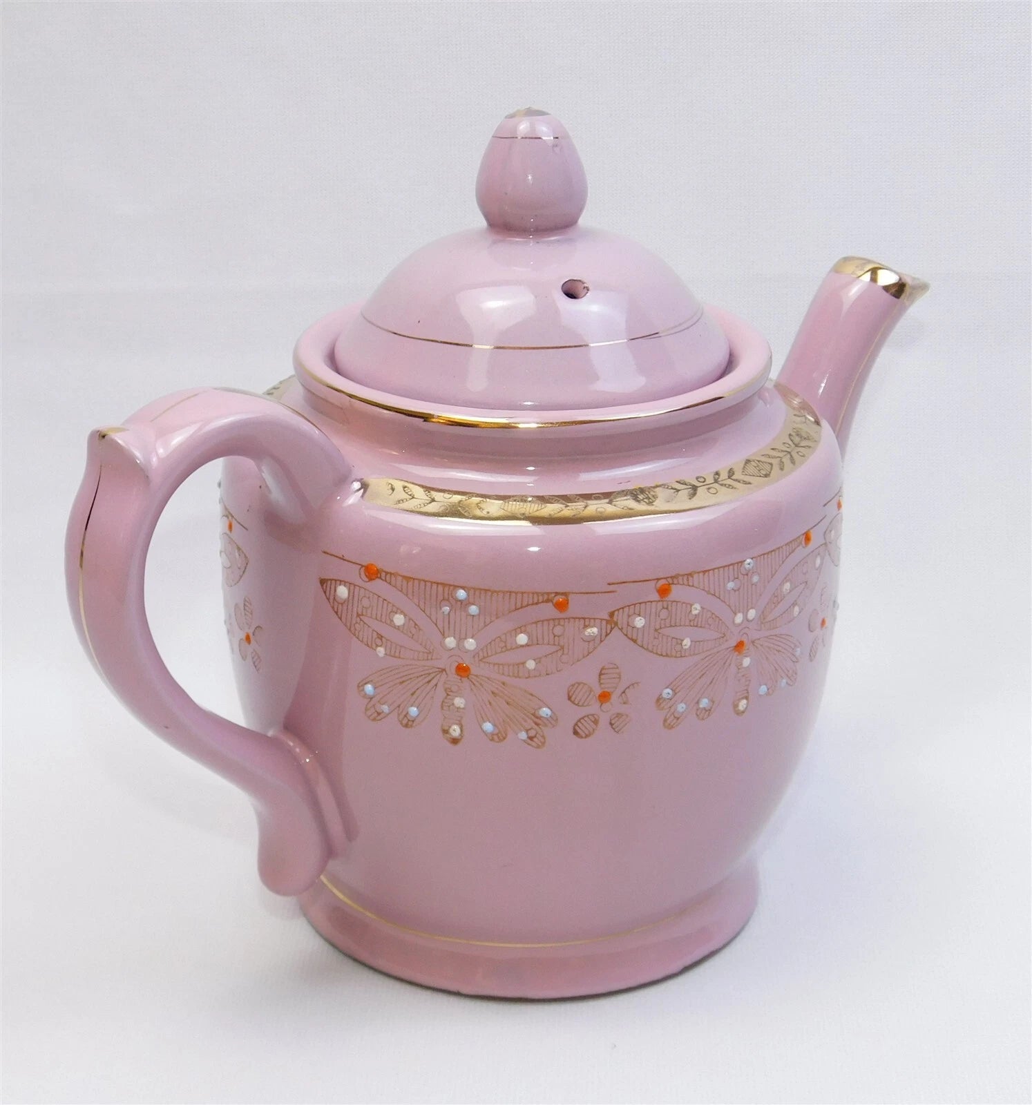 Vtg Pink Gold Glazed REDWARE Teapot Butterfly Enamel Moriage Hand Painted 7"