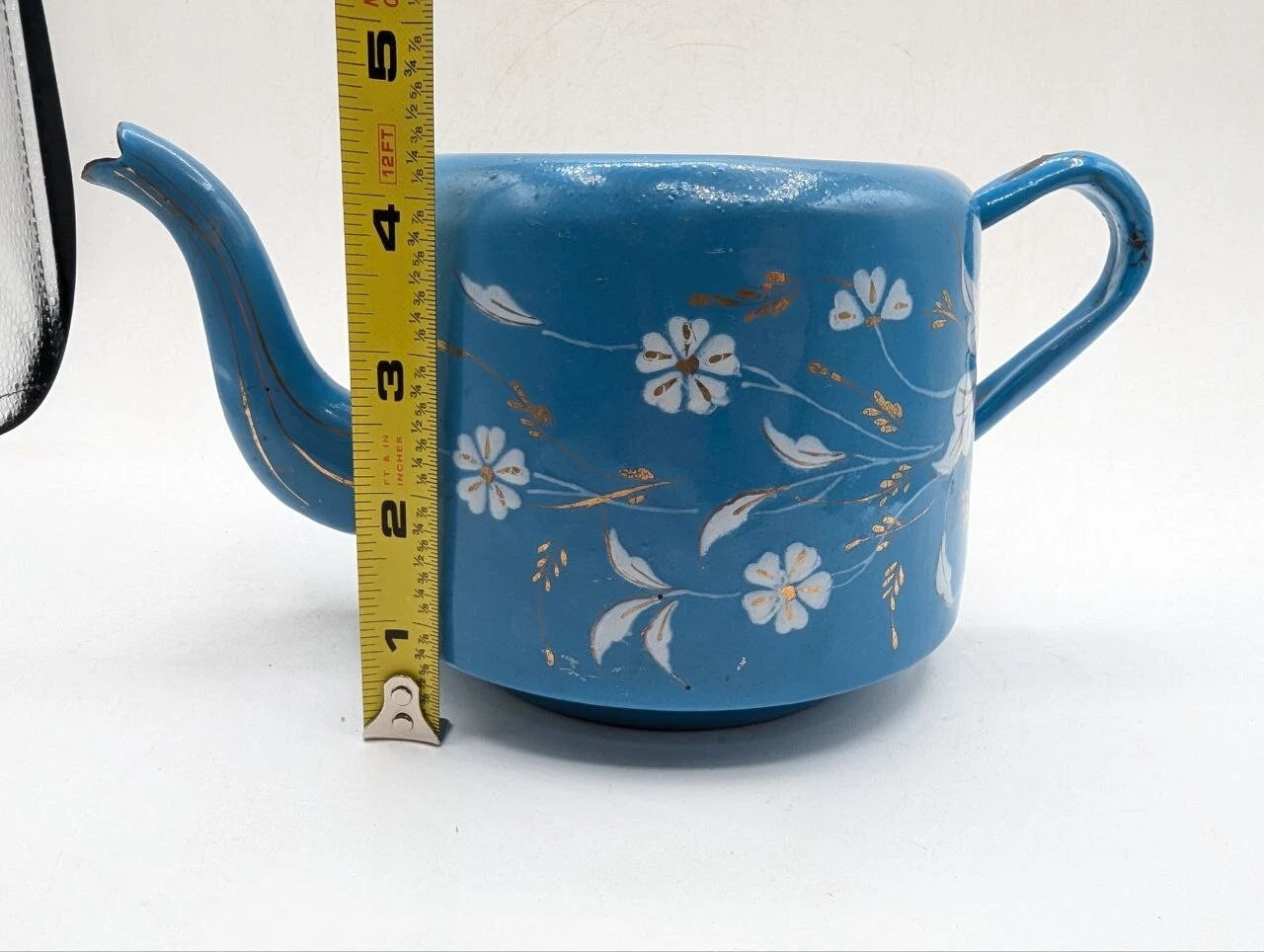 1930s Vintage Blue Enamel Teapot White Floral Rustic Shabby Chic No Lid ON18