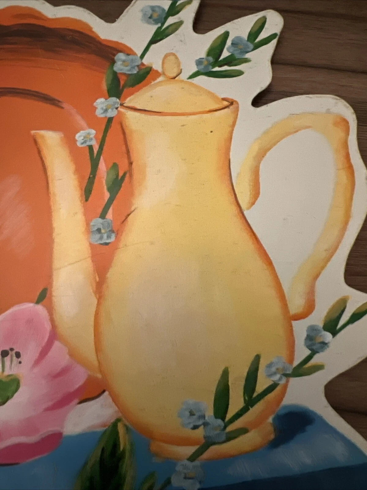 Vintage Metal Porcelain Enamel Farmhouse Wall Plaque Handpainted Teapot Coffee