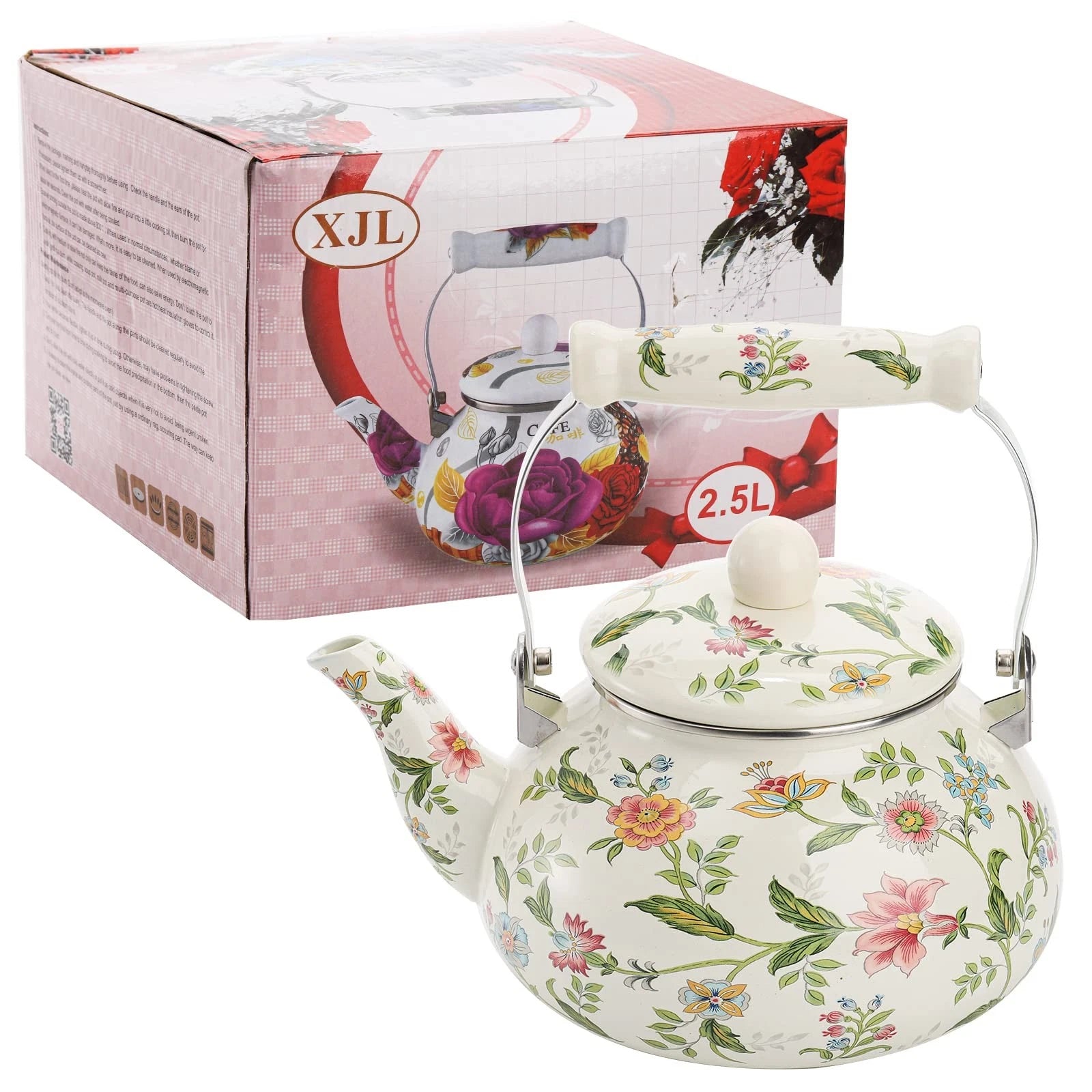 2.6 Quart Vintage Enamel Tea Kettle, Green Floral Enamel on Steel Teapot with...