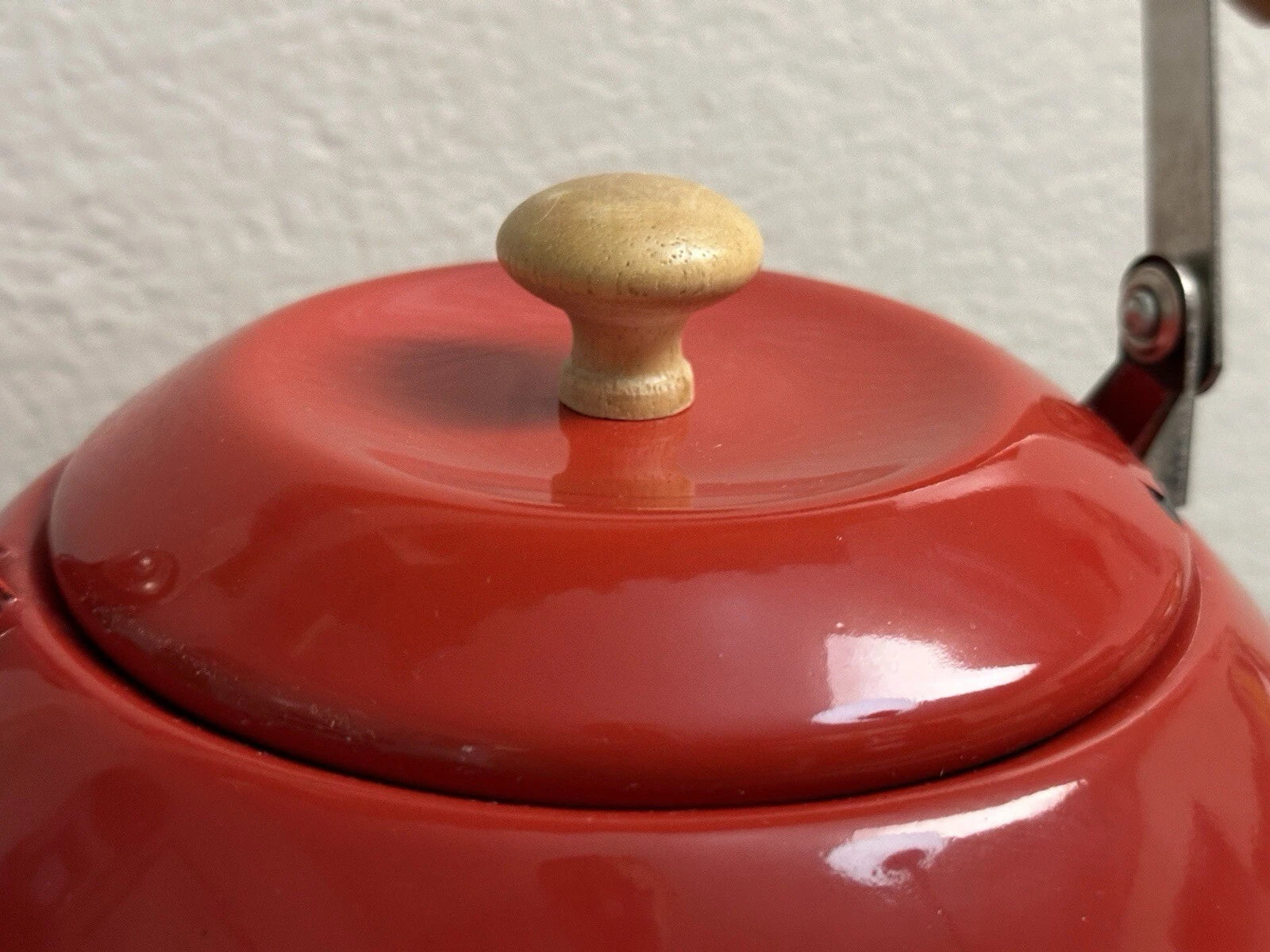 Vintage Mid Century Scandinavian Danish Red Enamel Tea Kettle Teapot Wood Handle
