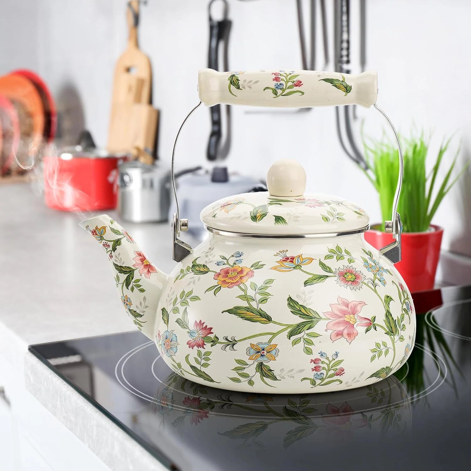 2.6 Quart Vintage Enamel Tea Kettle, Green Floral Enamel on Steel Teapot Cool | eBay