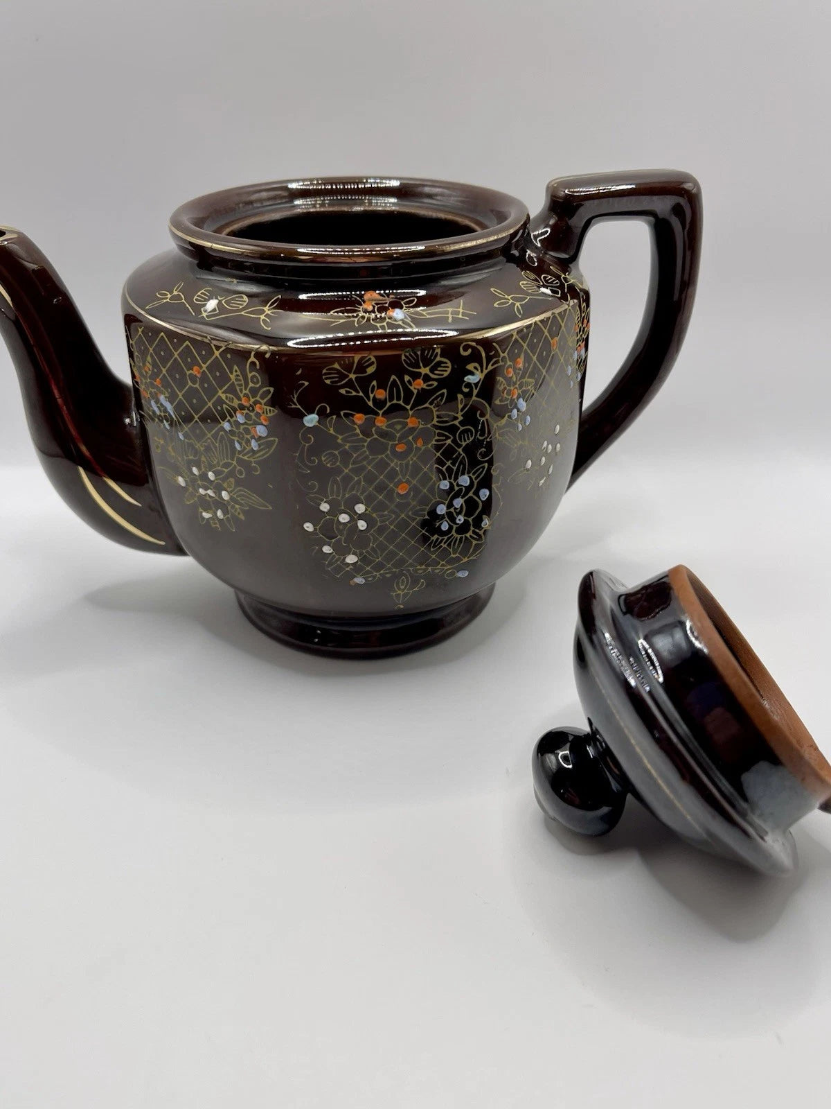 Vintage Brown Betty Redware Teapot Moriage Enamel Hand Painted Japan GUC MCM