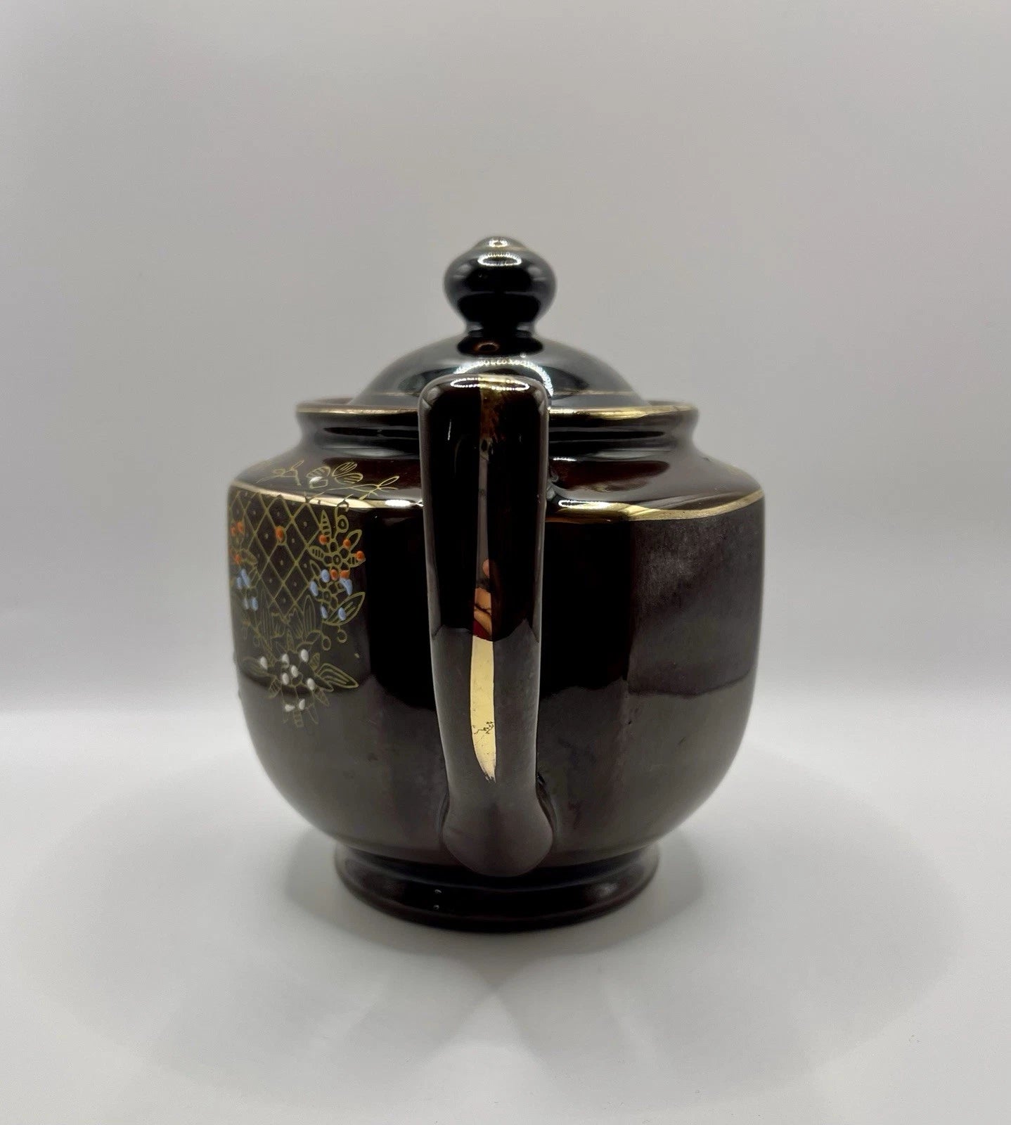 Vintage Brown Betty Redware Teapot Moriage Enamel Hand Painted Japan GUC MCM