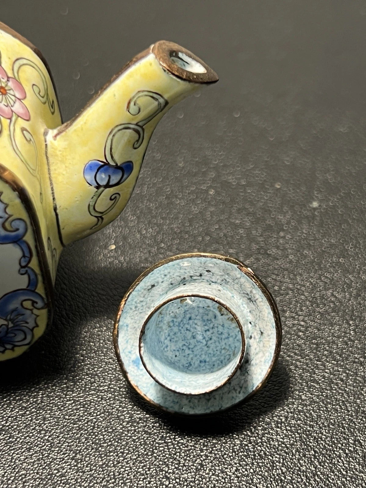 Chinemel 1990s B. Yee Miniature Teapot Copper & Painted Flowers, 3.75x3"