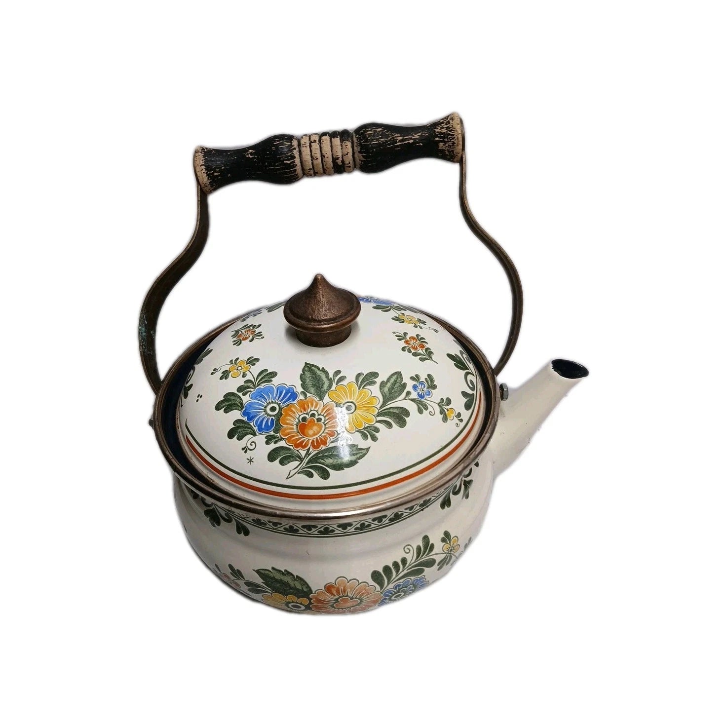 1960’s ASTA Enamelware Teapot Brass Handles Floral West Germany