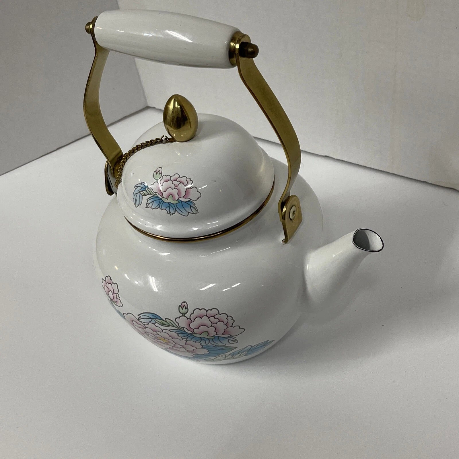 Vintage Tea Kettle Pot Enamel Porcelain Poppies National Housewares 1988 Brass