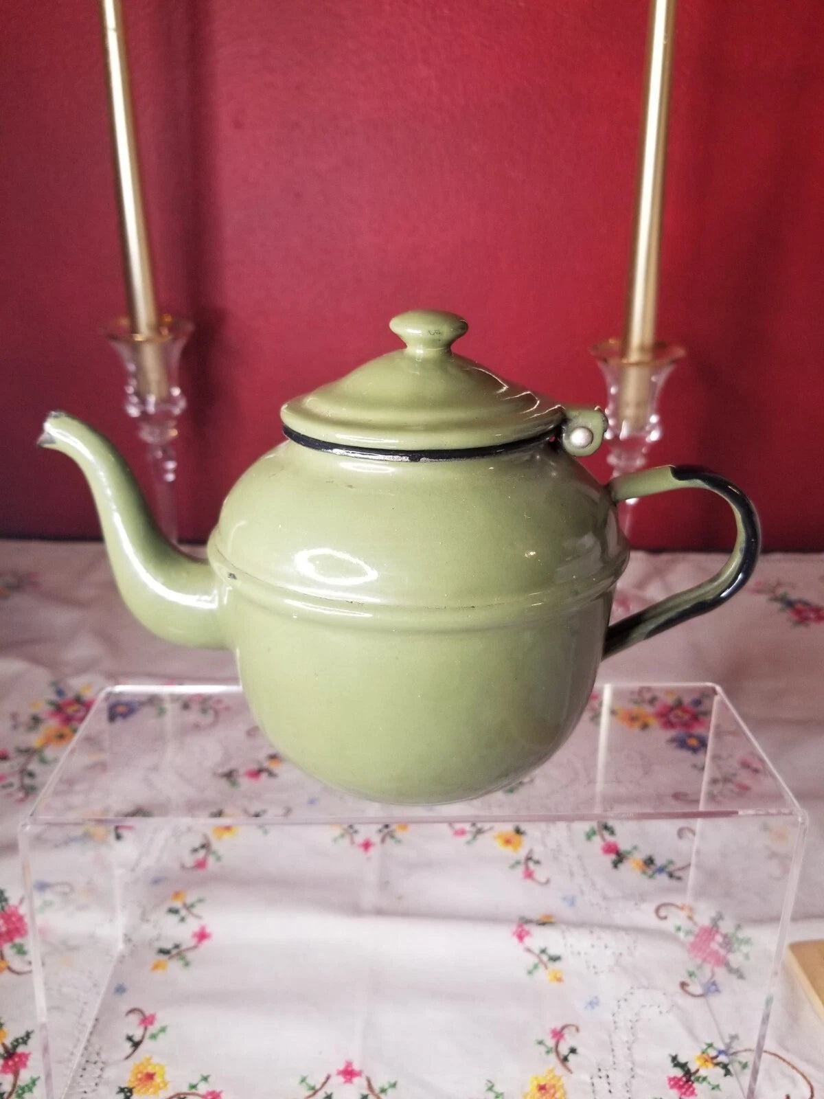 VINTAGE Olive GREEN ENAMELWARE TEAPOT MADE IN POLAND 12 GOOSENECK SPOUT | eBay