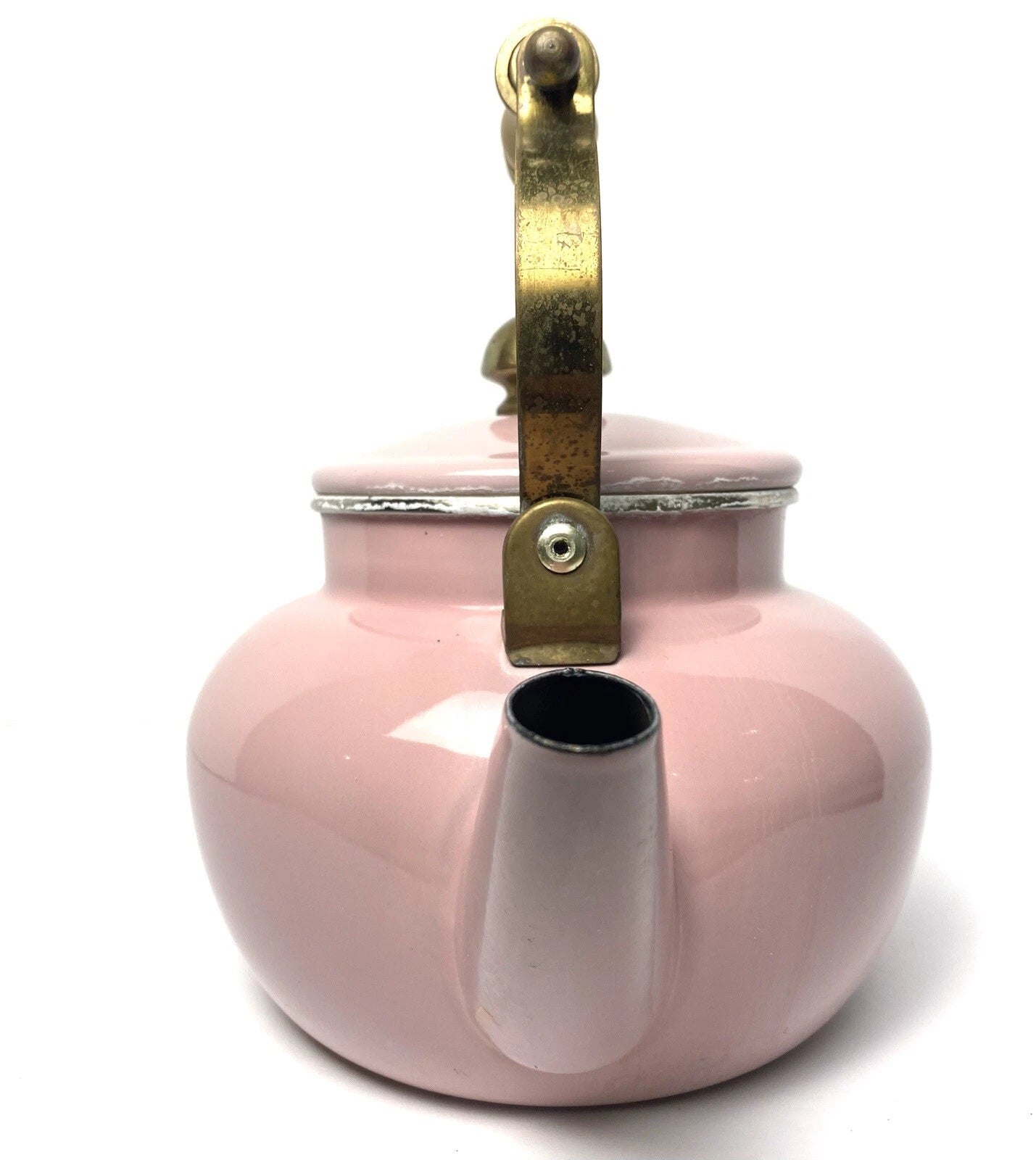 Vintage Tea Kettle Pot Pink Enamel Brass Handle Cottagecore Farmhouse Decor 2 Qt | eBay