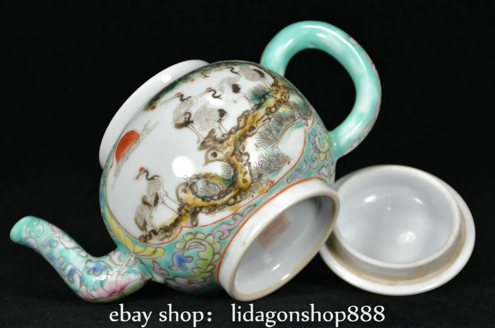 6.8" Jiagqing Marked Enamel Porcelain Pine Tree Crane Flower Pattern Wine Teapot