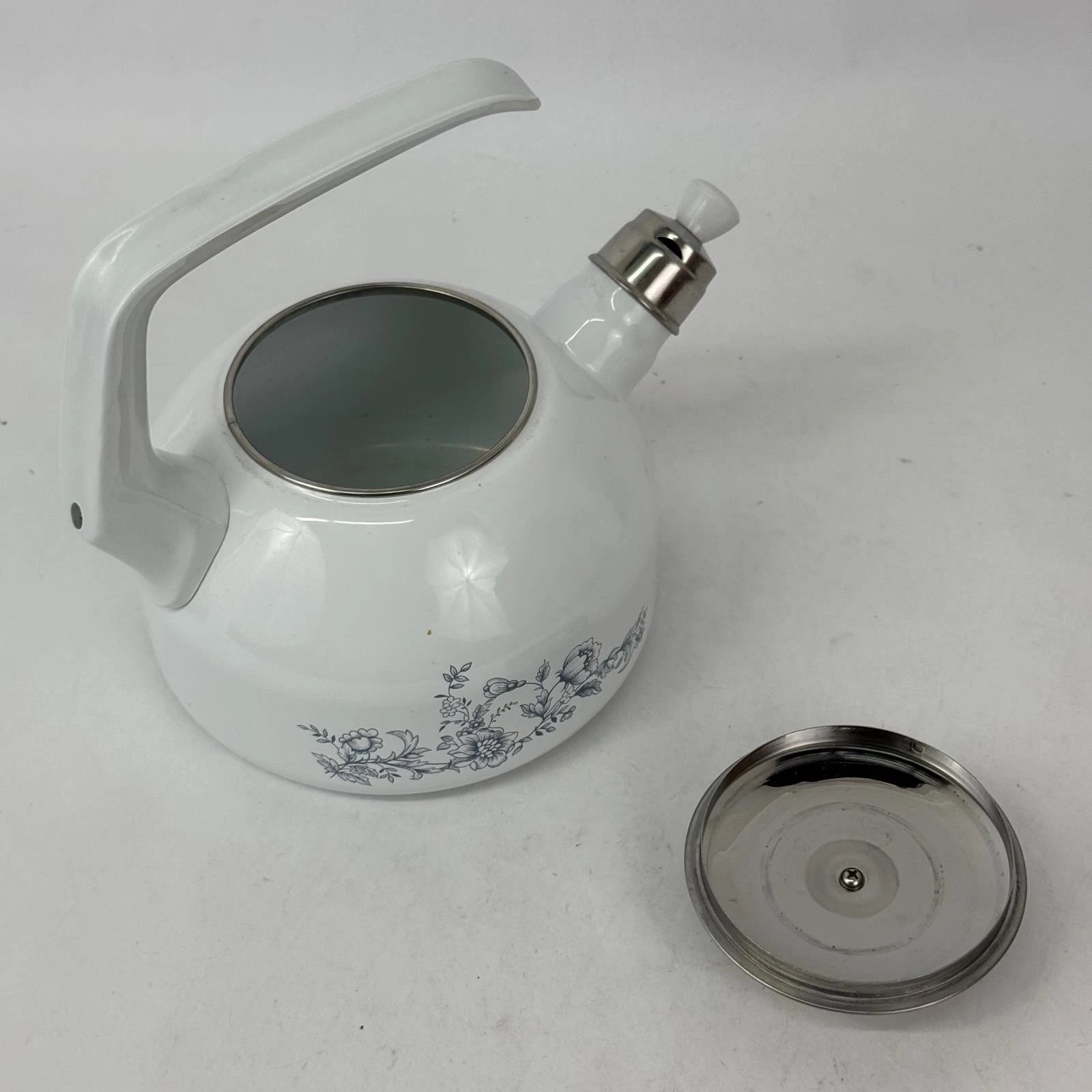 Vintage White Enamelware Whistling Tea Kettle With Blue Floral Pattern | eBay