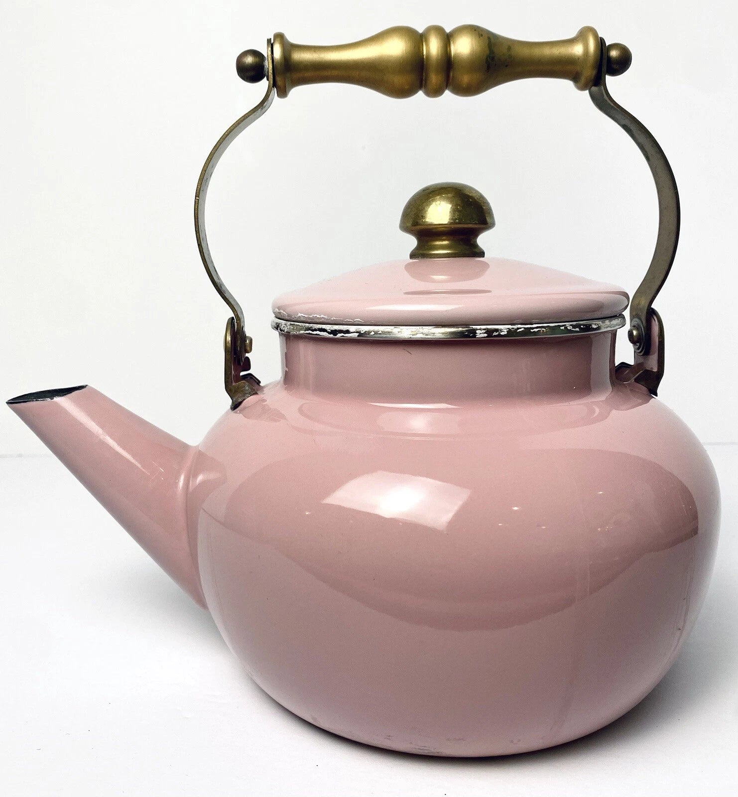 Vintage Tea Kettle Pot Pink Enamel Brass Handle Cottagecore Farmhouse Decor 2 Qt | eBay