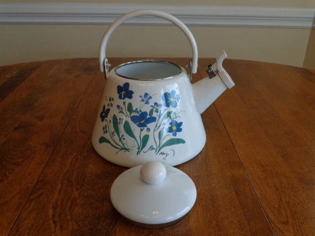 ENAMEL 2 ½ QUART WHISTLING TEA KETTLE FLOWERS SIGNED