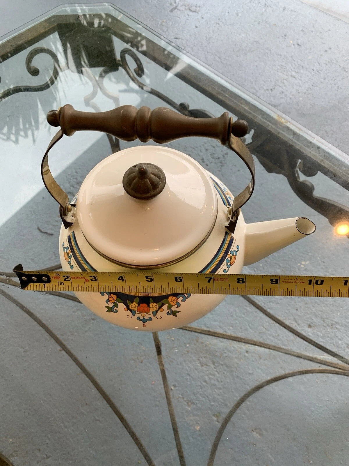 Vintage Lincoware Off White Enamel Metal Flower Motif Teapot Kettle Brass Handle