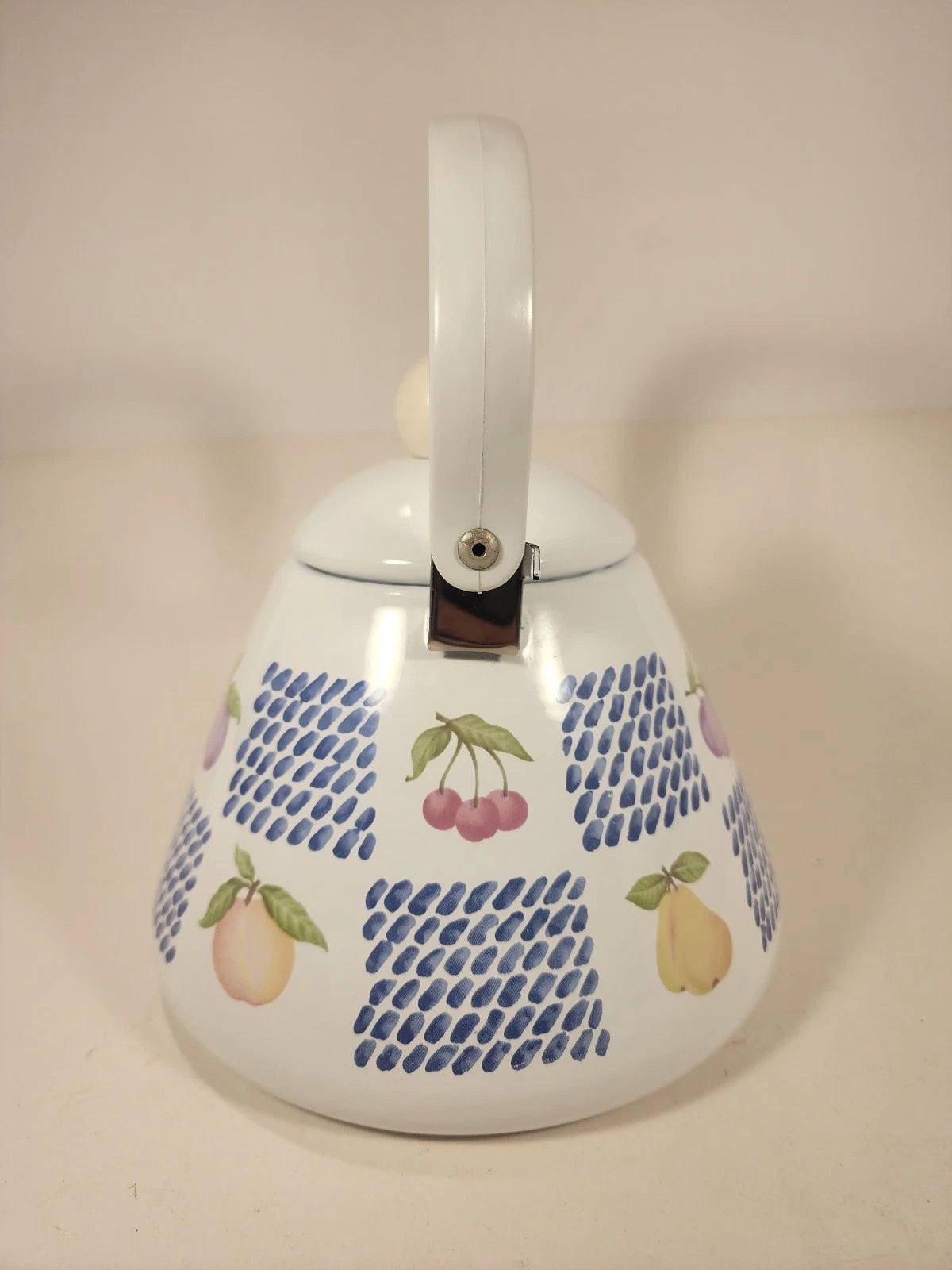 White Enamel Teapot Fruit Pear Cherries Plum Peach Blue 2 Qt Decorative Tea Pot