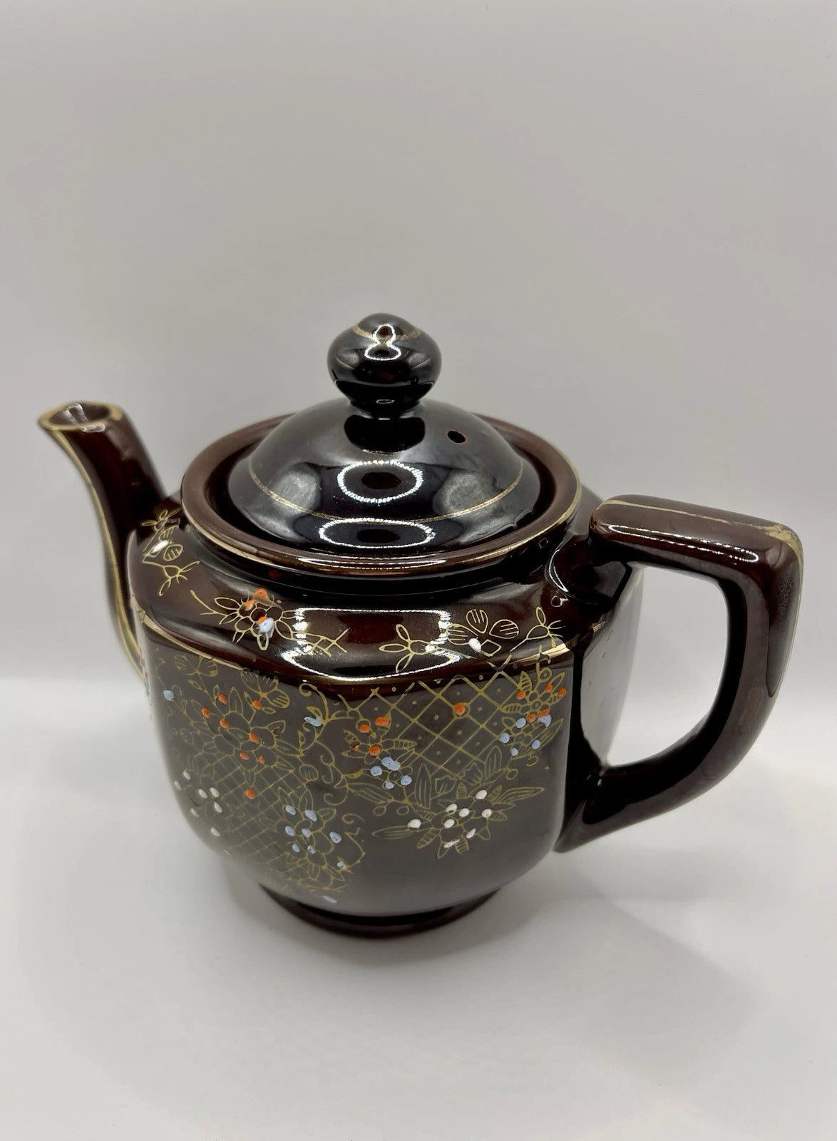 Vintage Brown Betty Redware Teapot Moriage Enamel Hand Painted Japan GUC MCM