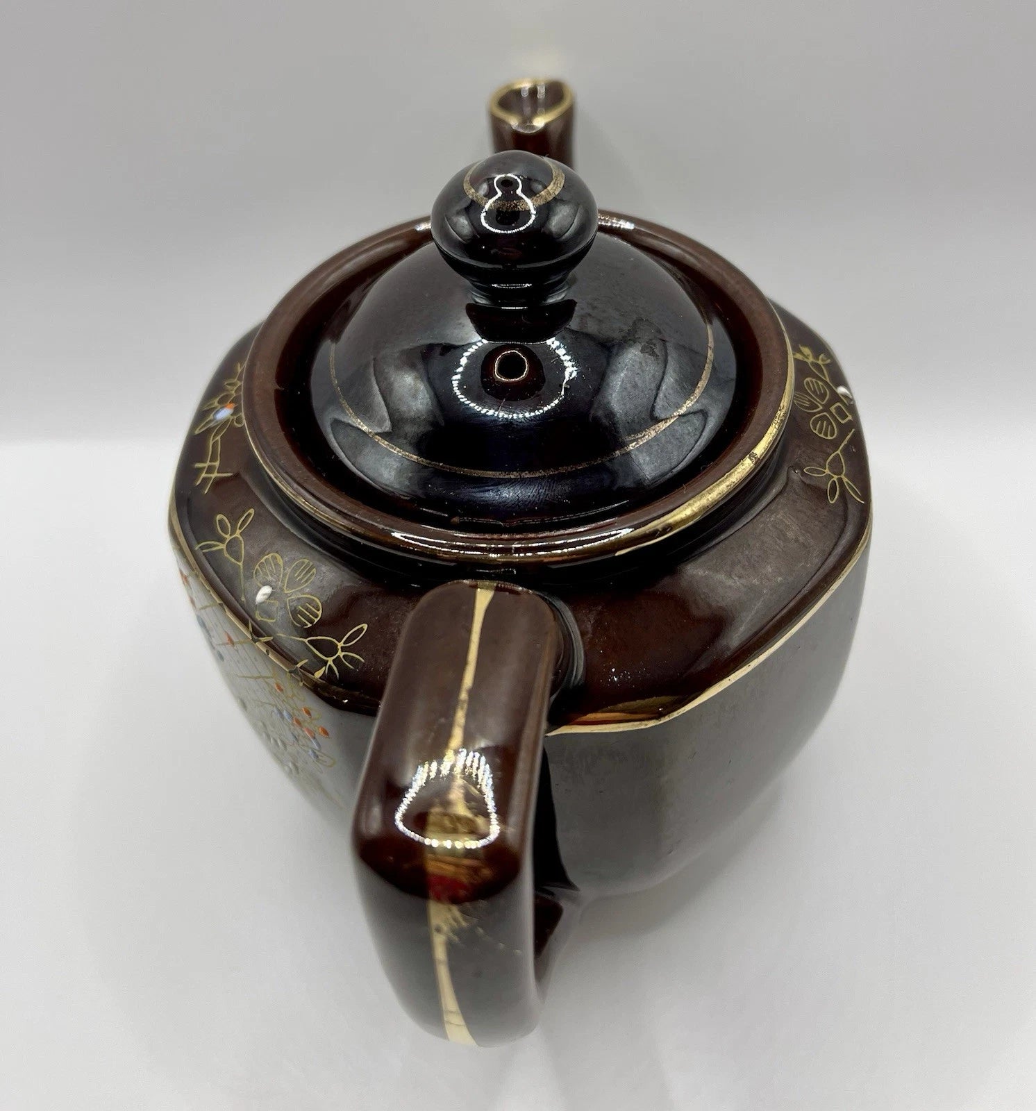 Vintage Brown Betty Redware Teapot Moriage Enamel Hand Painted Japan GUC MCM