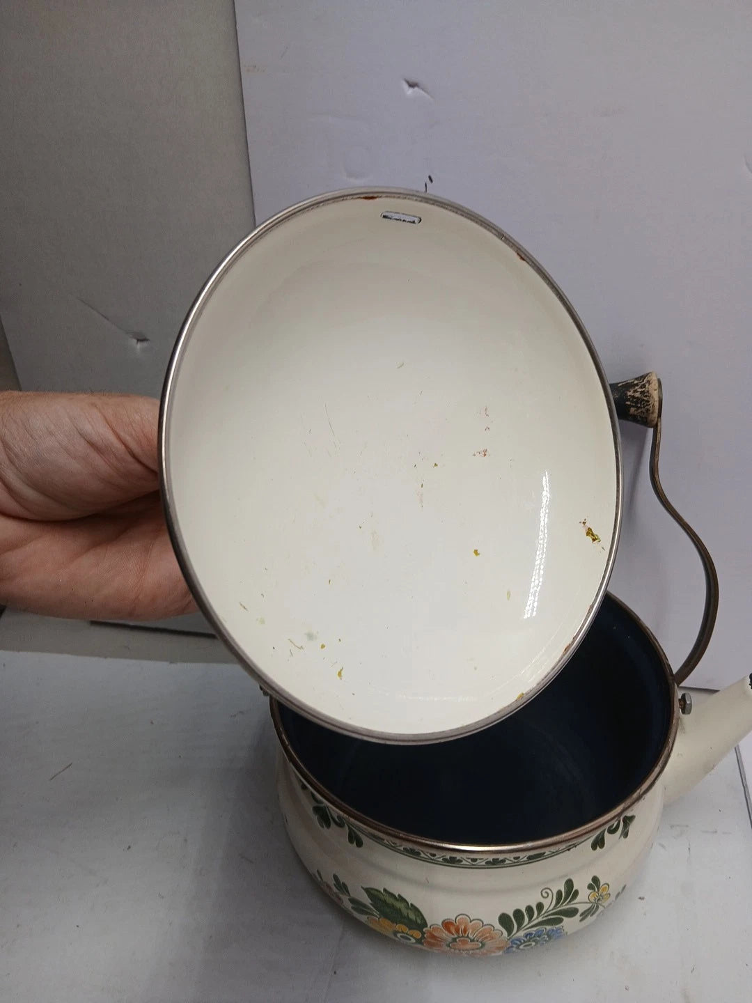 1960’s ASTA Enamelware Teapot Brass Handles Floral West Germany