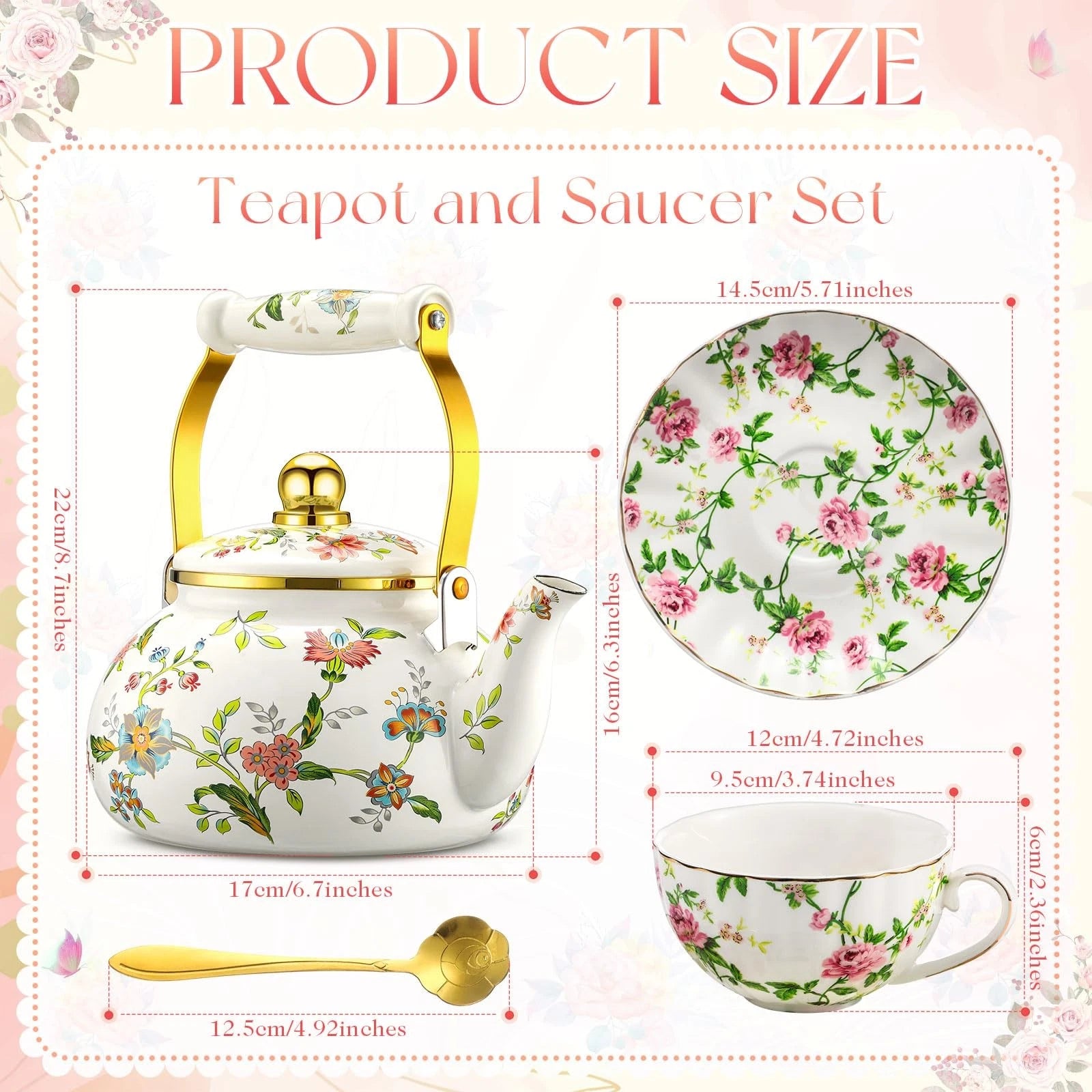 2.6 Quart Vintage Enamel Tea Kettle, Cups and Saucers Set with Spoon, Vintage...