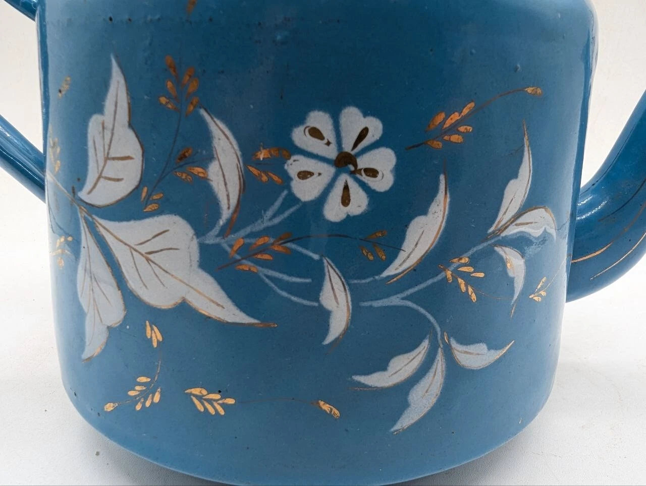 1930s Vintage Blue Enamel Teapot White Floral Rustic Shabby Chic No Lid ON18