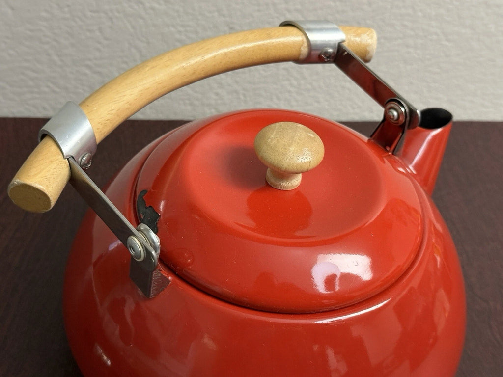 Vintage Mid Century Scandinavian Danish Red Enamel Tea Kettle Teapot Wood Handle