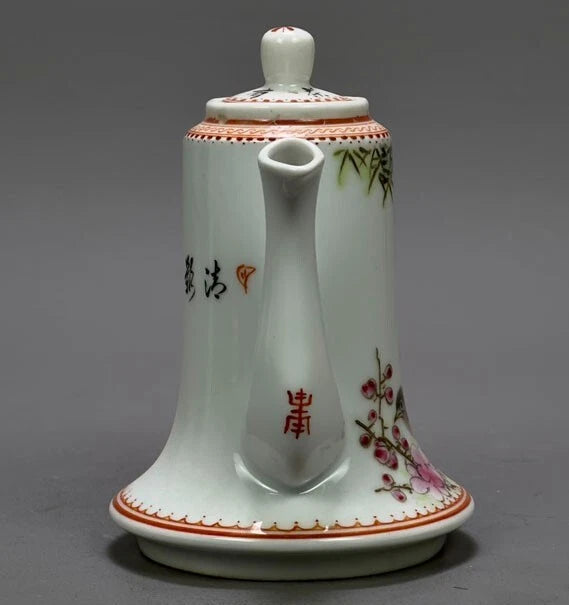 5.6" China Powder enamel porcelain flowers bird Teapot tea set tea maker statue