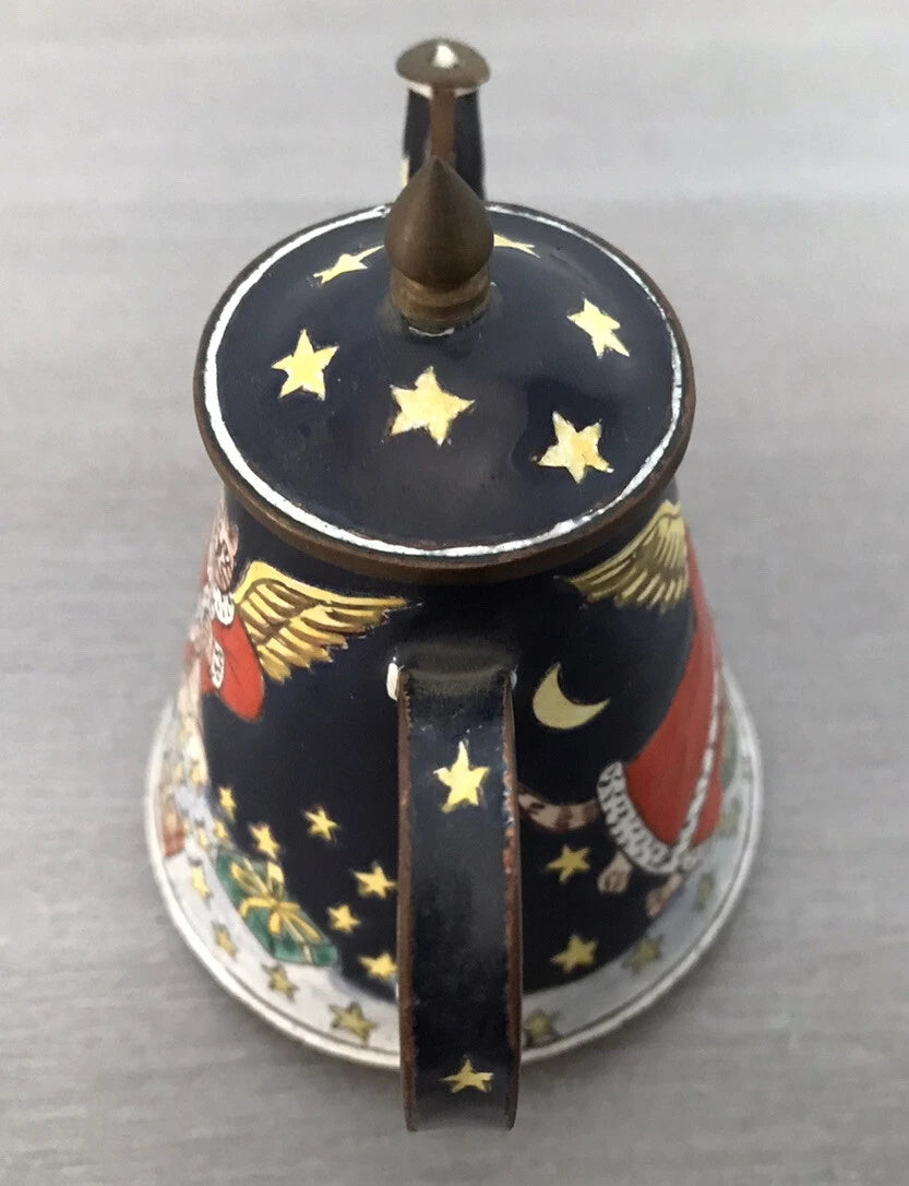 Vtg Hand Painted Enamel on Copper Miniature Teapot Cat Angel Flying Among Stars | eBay