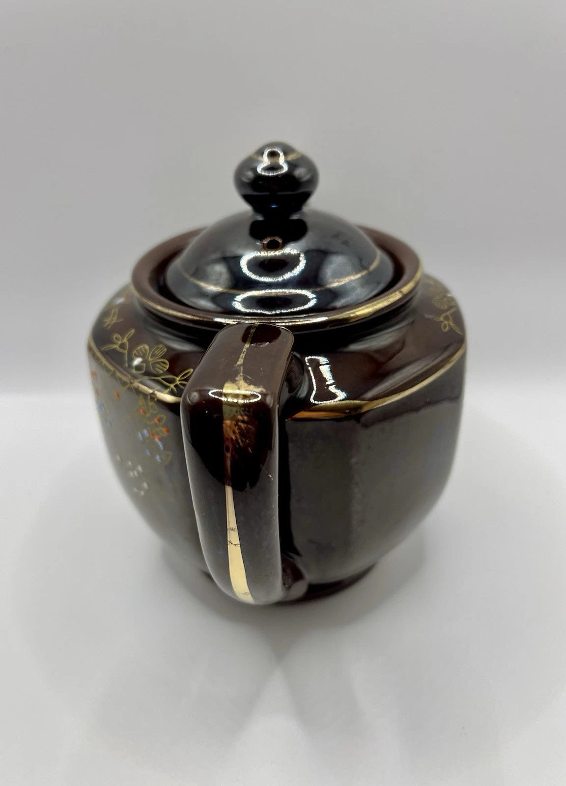 Vintage Brown Betty Redware Teapot Moriage Enamel Hand Painted Japan GUC MCM