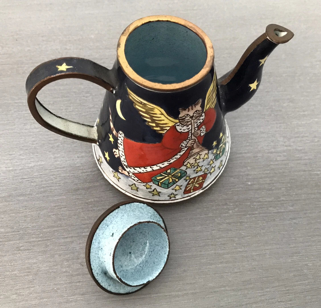 Vtg Hand Painted Enamel on Copper Miniature Teapot Cat Angel Flying Among Stars | eBay