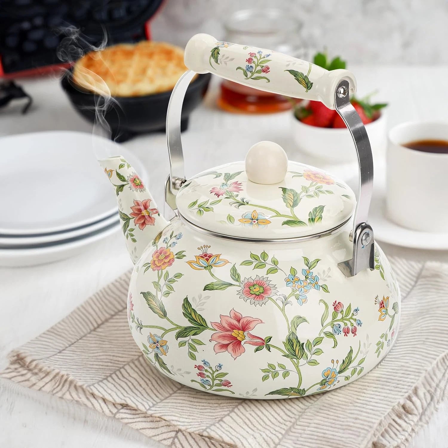 2.6 Quart Vintage Enamel Tea Kettle, Green Floral Enamel on Steel Teapot Cool | eBay