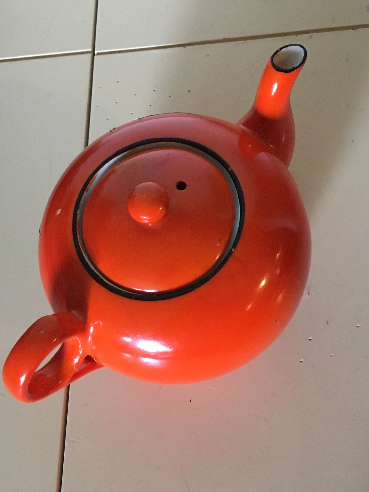 Vintage Bright Orange Enamel Floral Porcelain Japan Tea Pot Hand Painted