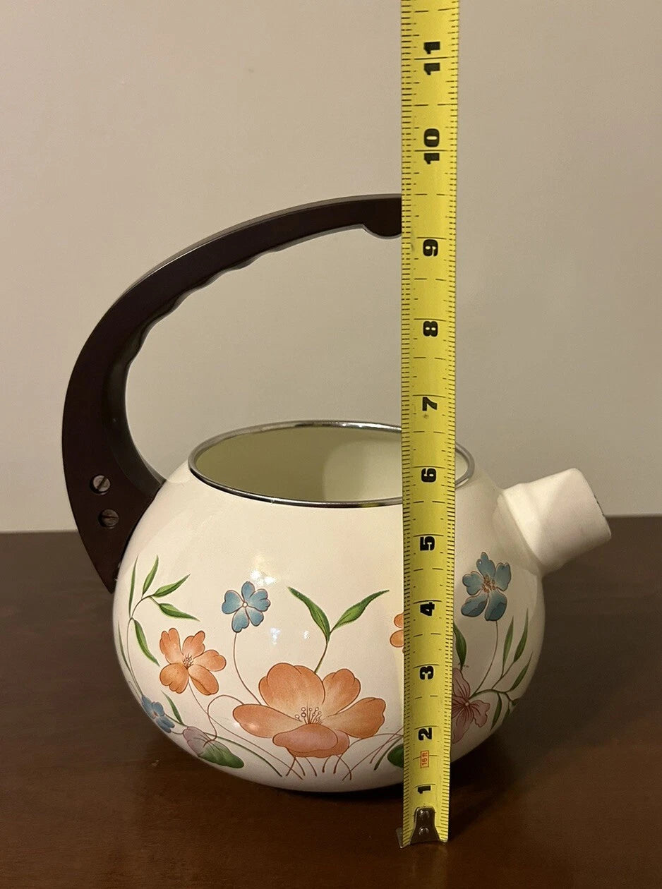 Vintage Enamelware Teapot Stovetop Whistling Kettle 2 Qt White Floral Tea Pot
