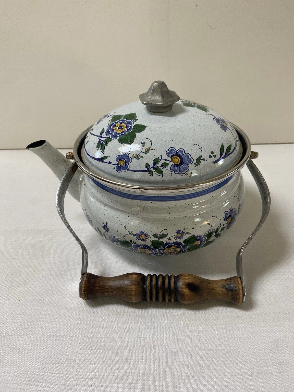Vtg ASTA Enamel Cookware Tea Pot Kettle Wood Handle Blue Green Floral Speckled | eBay