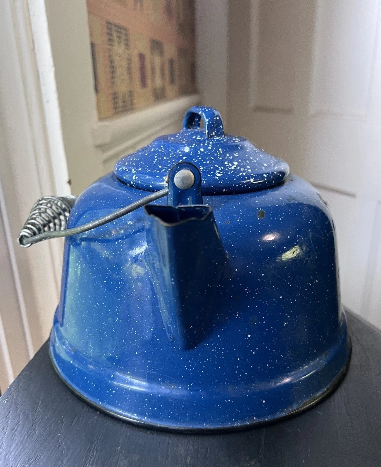 VTG Blue Enamel Teapot Kettle White Speckles Camping Outdoor Handle 8.25" Patina | eBay