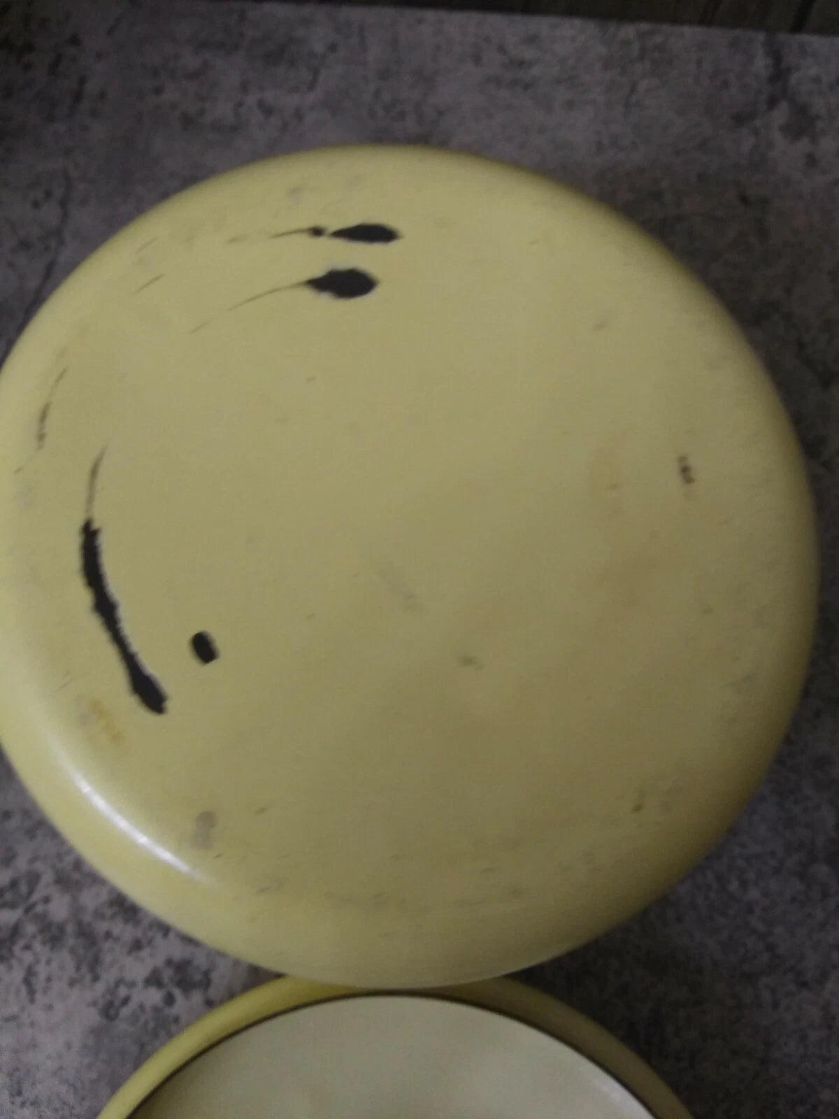 Vintage Yellow Enamel Teapot Metal bail, Wood Handle Farmhouse Decor, Planter