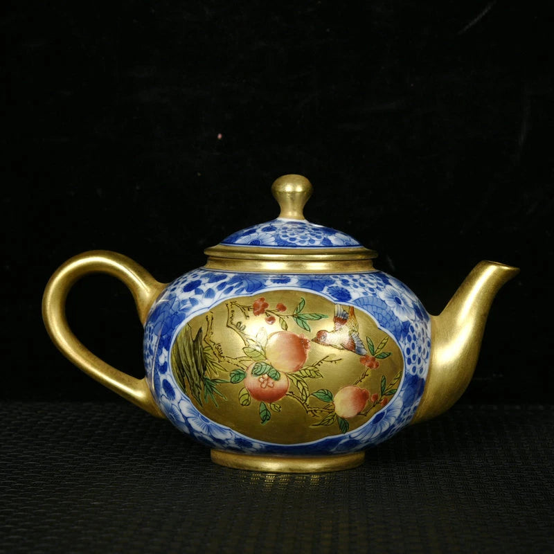 5.5" Antique dynasty Porcelain qianlong mark colour enamels flowers bird Teapot