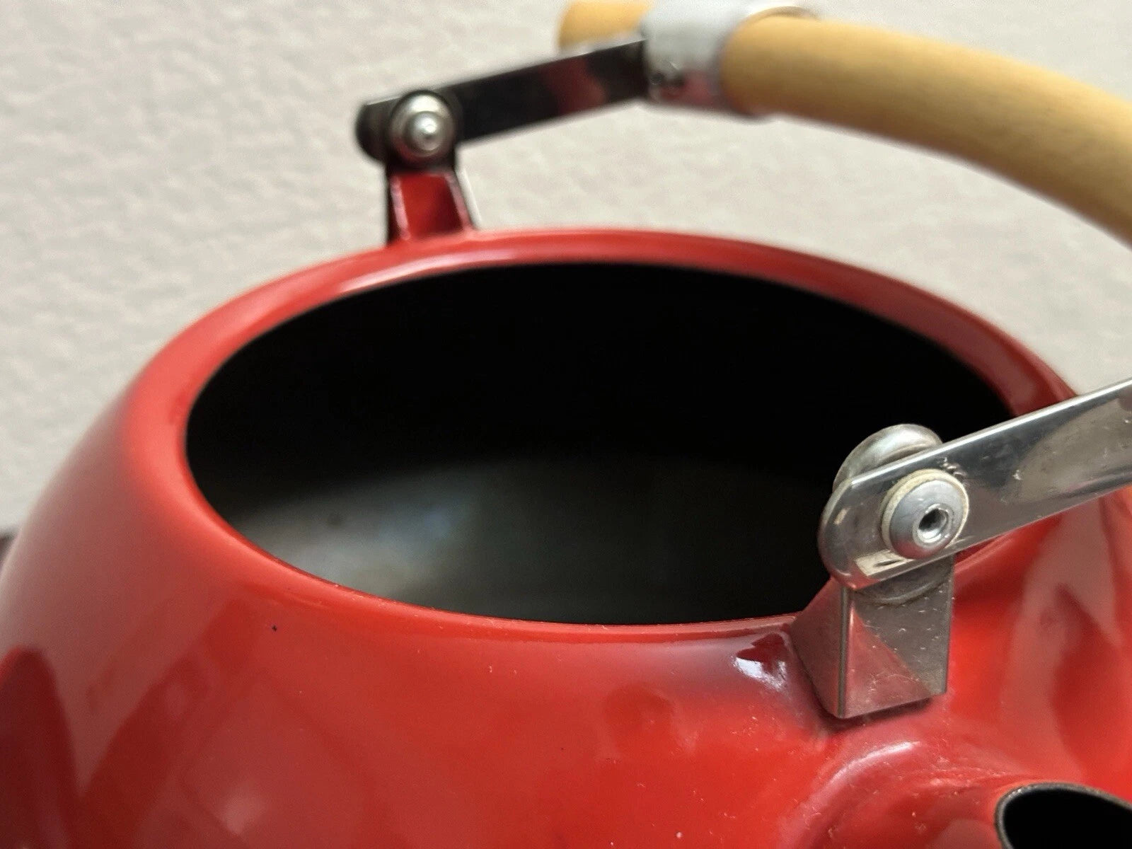 Vintage Mid Century Scandinavian Danish Red Enamel Tea Kettle Teapot Wood Handle